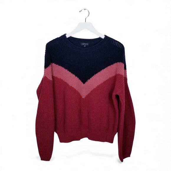 1.STATE Chevron Crewneck Sweater Berry Pink Navy 100% Cotton - Small - Picture 4 of 12